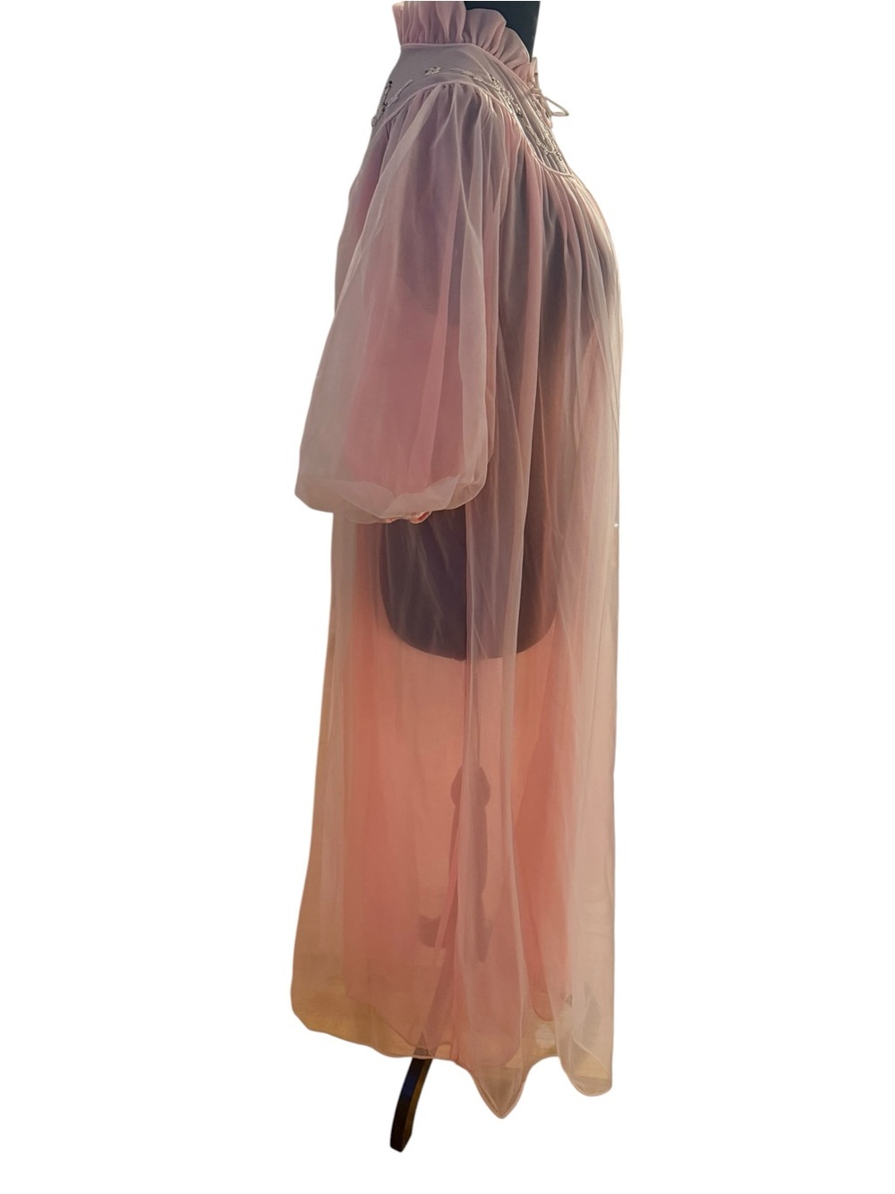 Vintage 60s pink Parfait Robe Babydoll Peignoir Classy Beaded One Size - Picture 4 of 8